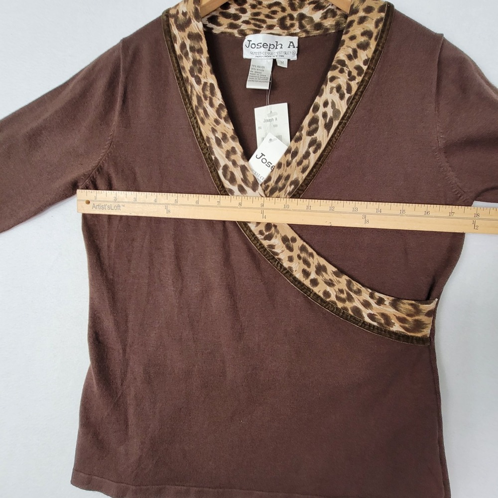 NWT JOSEPH A WOMEN'S TOP MEDIUM BROWN LEOPARD TRIM LONG SLEEVE KNIT BLOUSE NEW - Picture 12 of 16